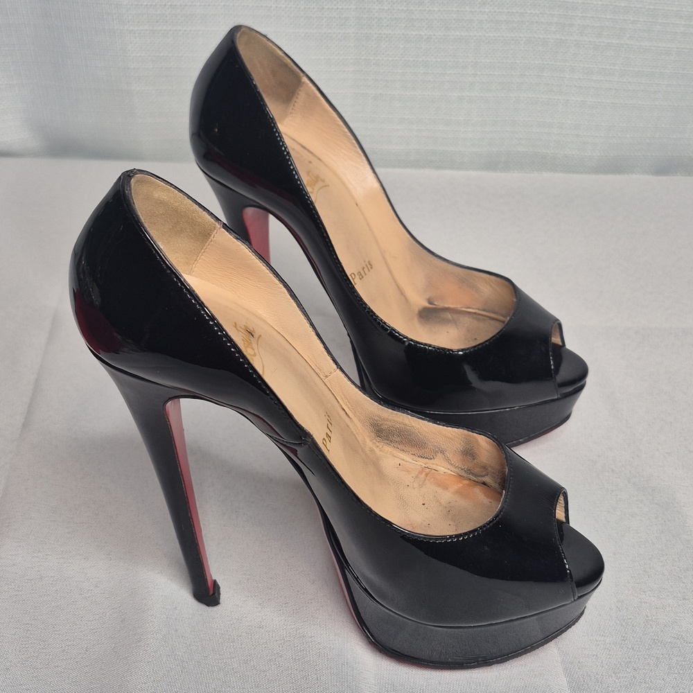 Christian Louboutin Black Patent Platform Stiletto Pumps Red Sole EUR 34.5/US4.5 - Picture 6 of 17